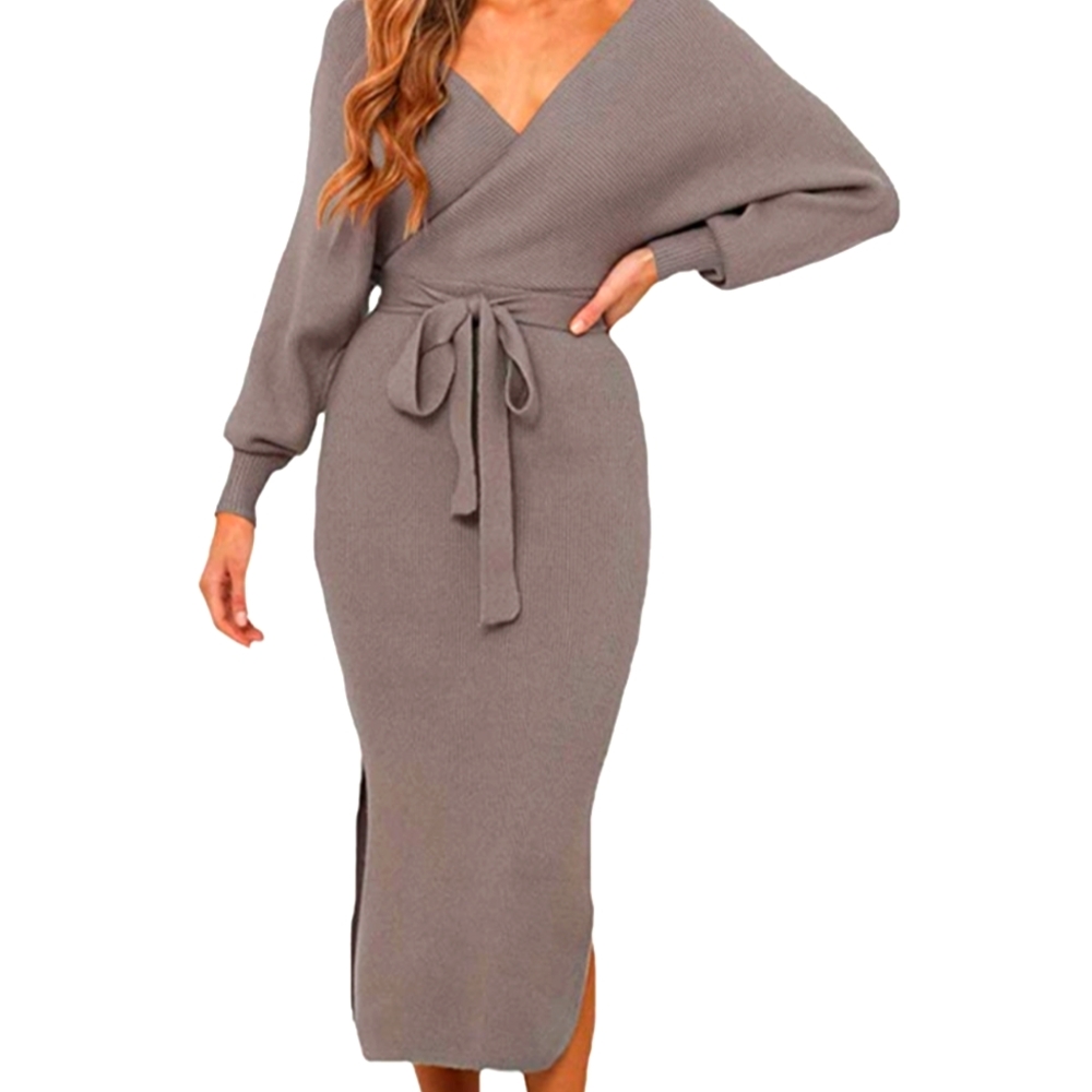 Fixmatti Women's V Neck Wrap Knit Dresses Batwing Sleeve Backless Slit SMALL